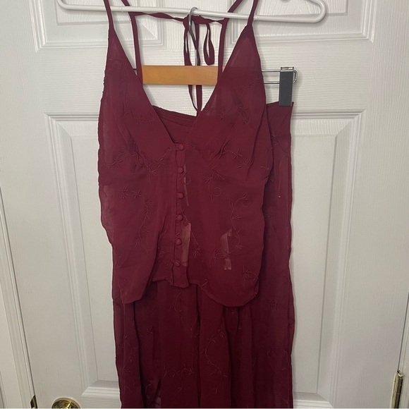 Anthropologie NWT Two Piece Set Burgundy Sheer Embroidered XXS - Picture 6 of 13